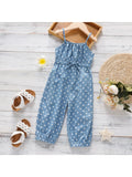 Toddler Girl Polka Dots Bowknot Design Denim Cami Jumpsuits