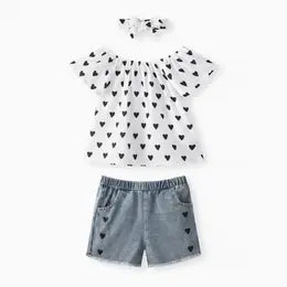3pcs Toddler Girl Heart Blouse & Denim Shorts & Headband White