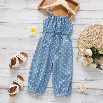 Toddler Girl Polka dots Bowknot Design Denim Cami Jumpsuits 4-5 Years Blue