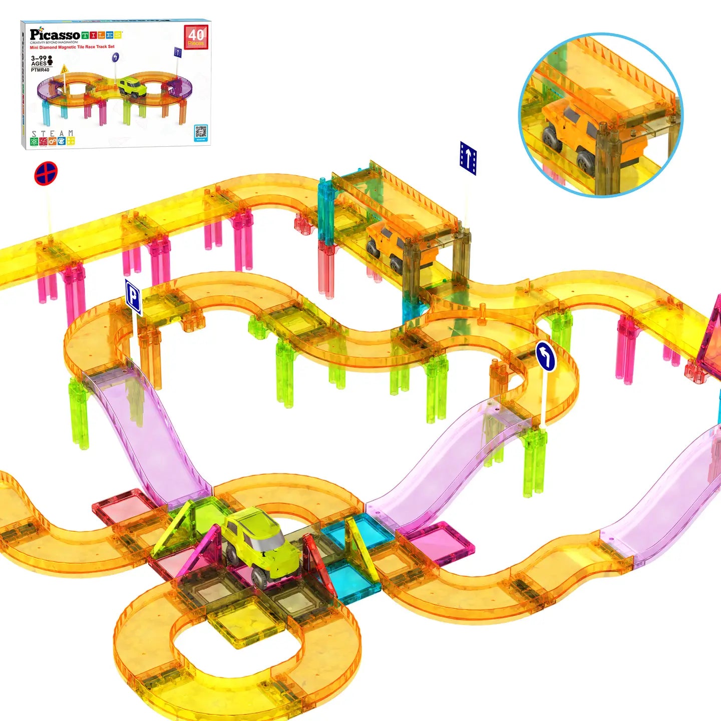 PicassoTiles 40pc Travel Size Magnetic Tile Race Track Set